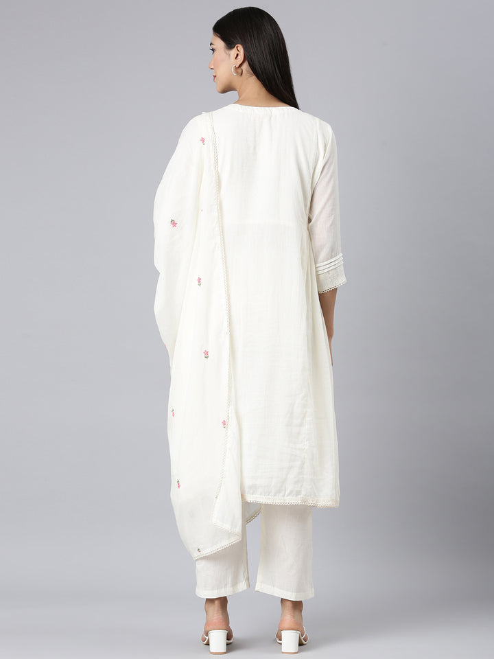 Neerus Off White Solid Curved Kurta and Trousers With Dupatta