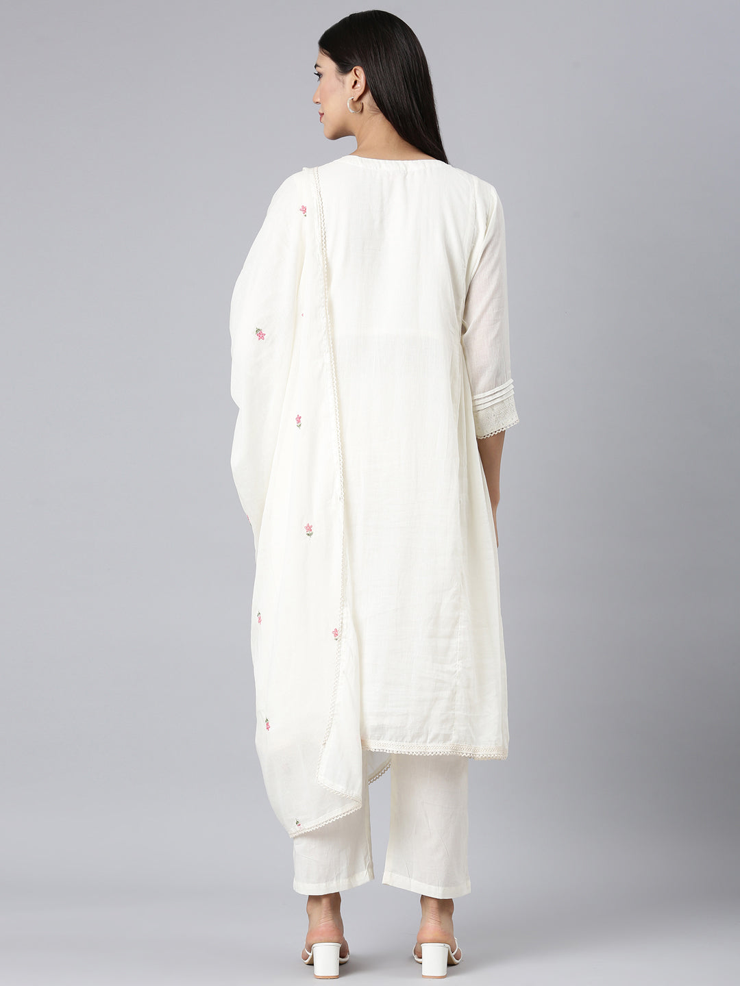 Neerus Off White Solid Curved Kurta and Trousers With Dupatta