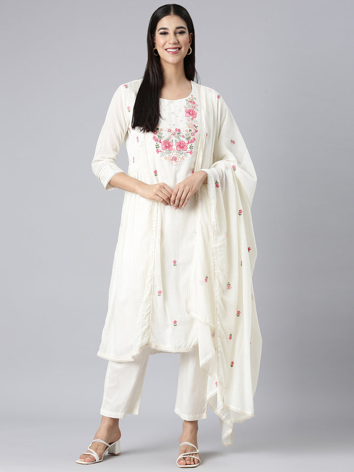 Neerus Off White Solid Curved Kurta and Trousers With Dupatta