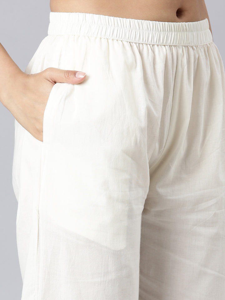 Neerus Off White Solid Curved Kurta and Trousers With Dupatta