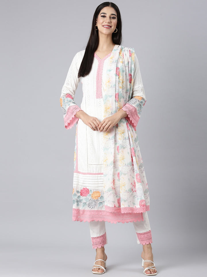 Neerus White Solid Straight Kurta and Trousers With Dupatta