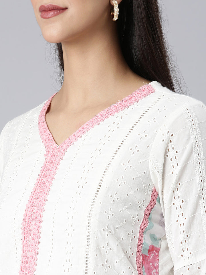 Neerus White Solid Straight Kurta and Trousers With Dupatta