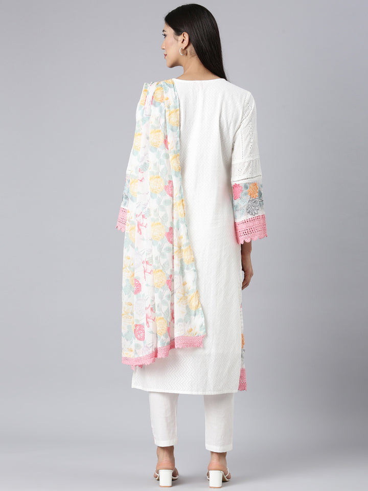 Neerus White Solid Straight Kurta and Trousers With Dupatta