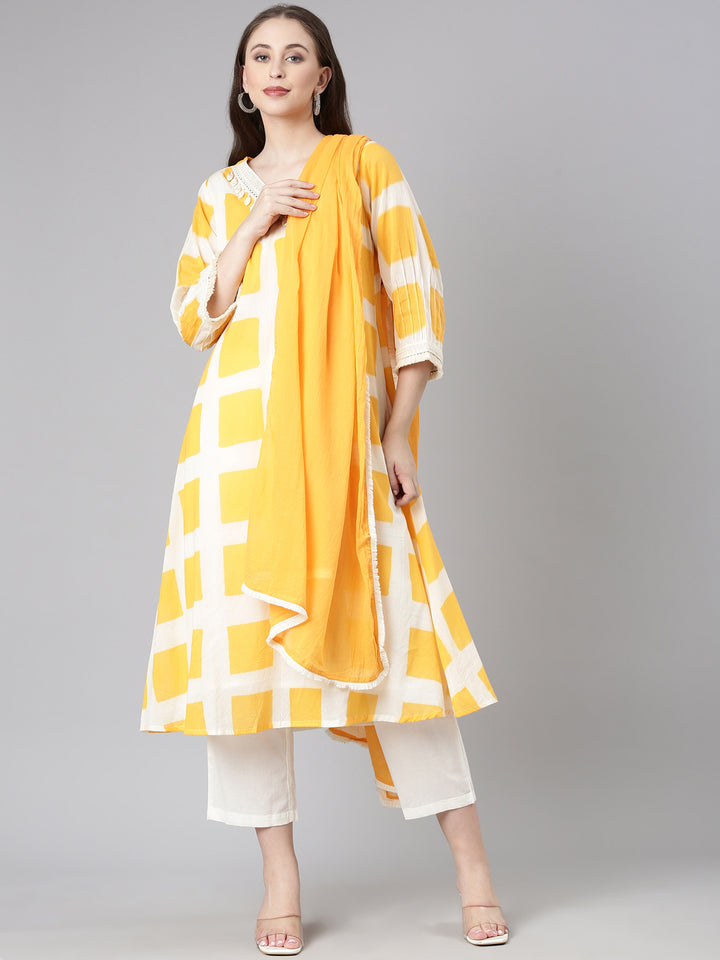 Neerus Orange Checked Straight Kurta and Trousers With Dupatta