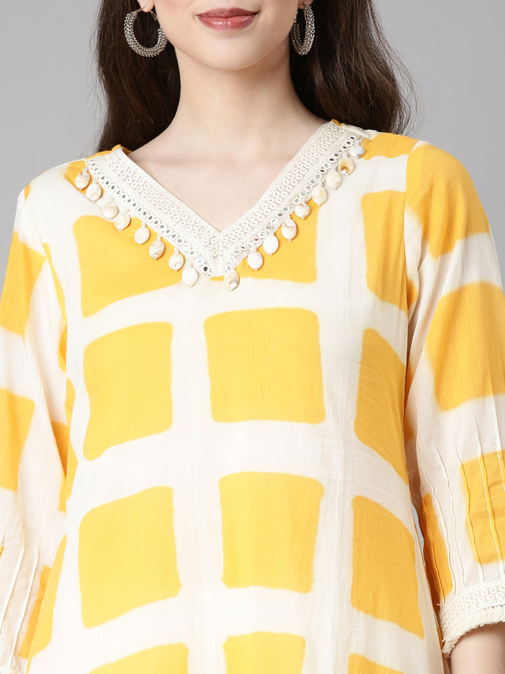 Neerus Orange Checked Straight Kurta and Trousers With Dupatta