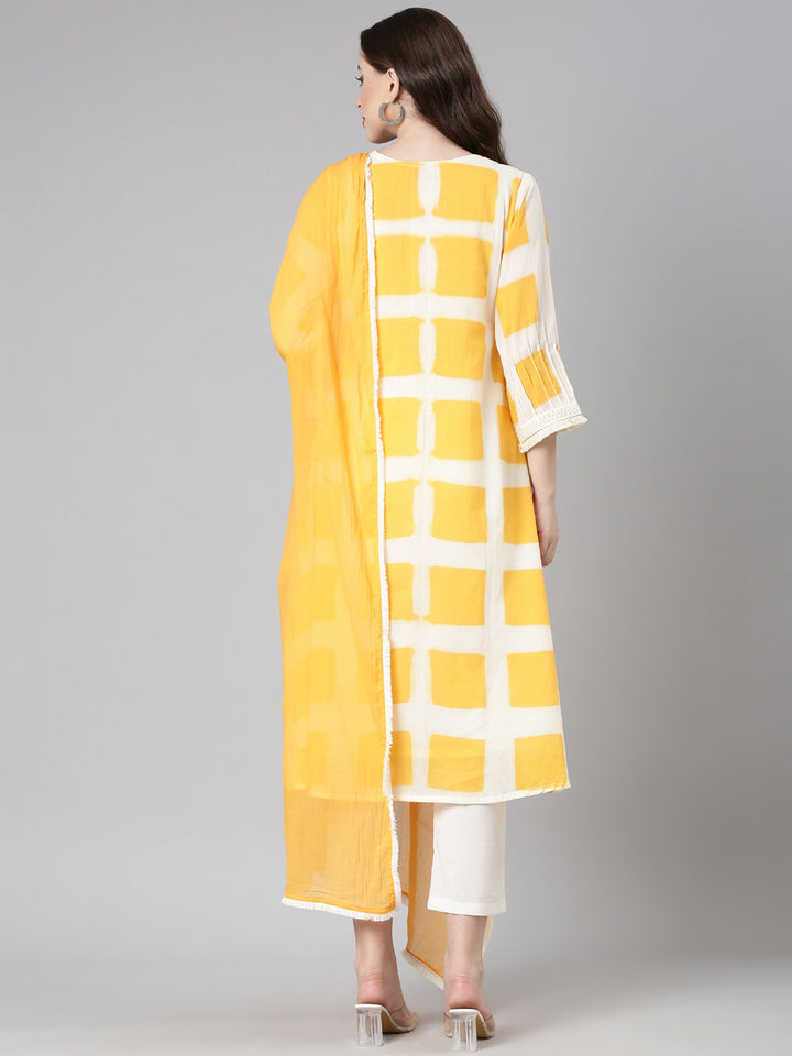 Neerus Orange Checked Straight Kurta and Trousers With Dupatta