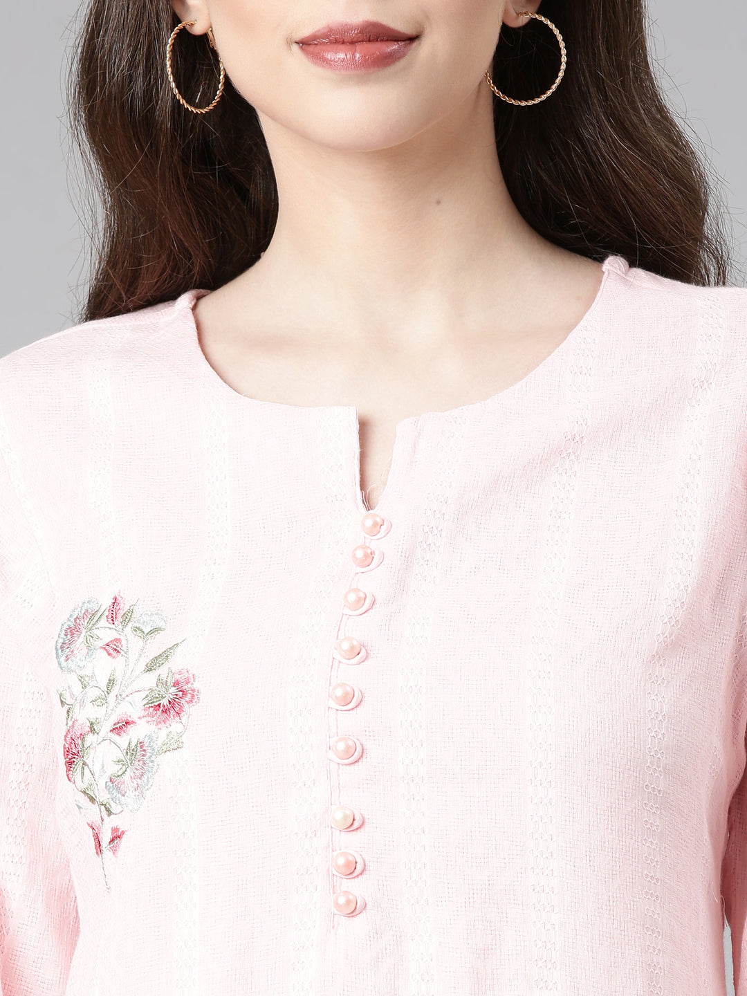 Neerus Pink cotton solid straight suit set - detail view 1