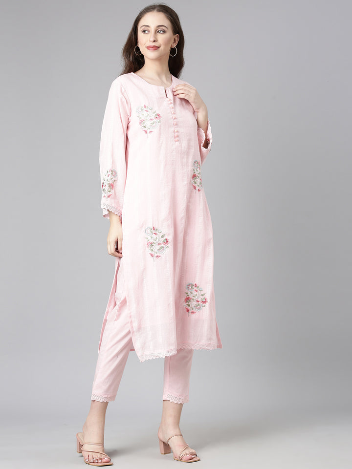 Neerus Pink cotton solid straight suit set - back view