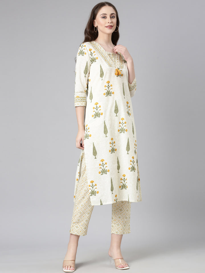 Neerus Cream Printed Straight Kurta and Trousers With Dupatta
