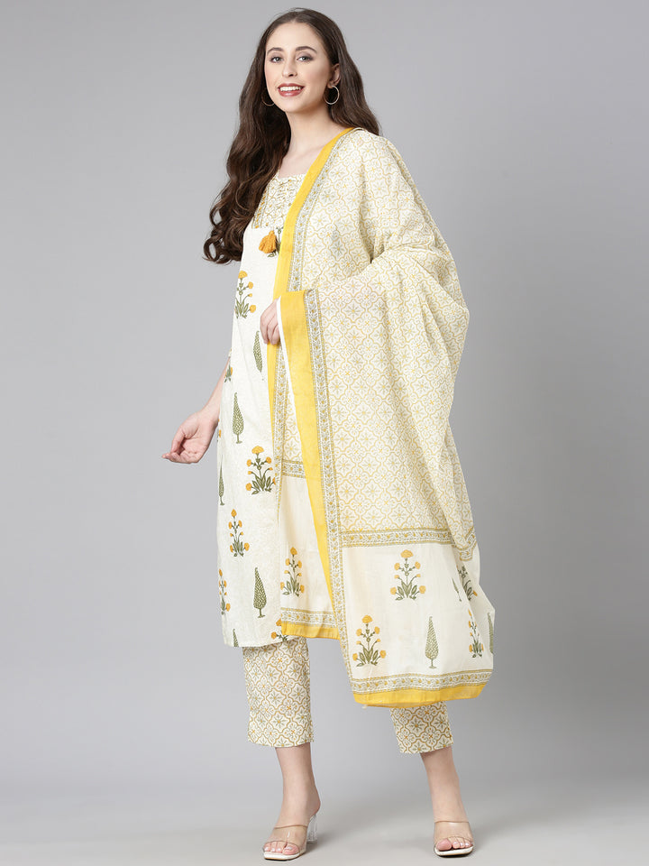 Neerus Cream Printed Straight Kurta and Trousers With Dupatta