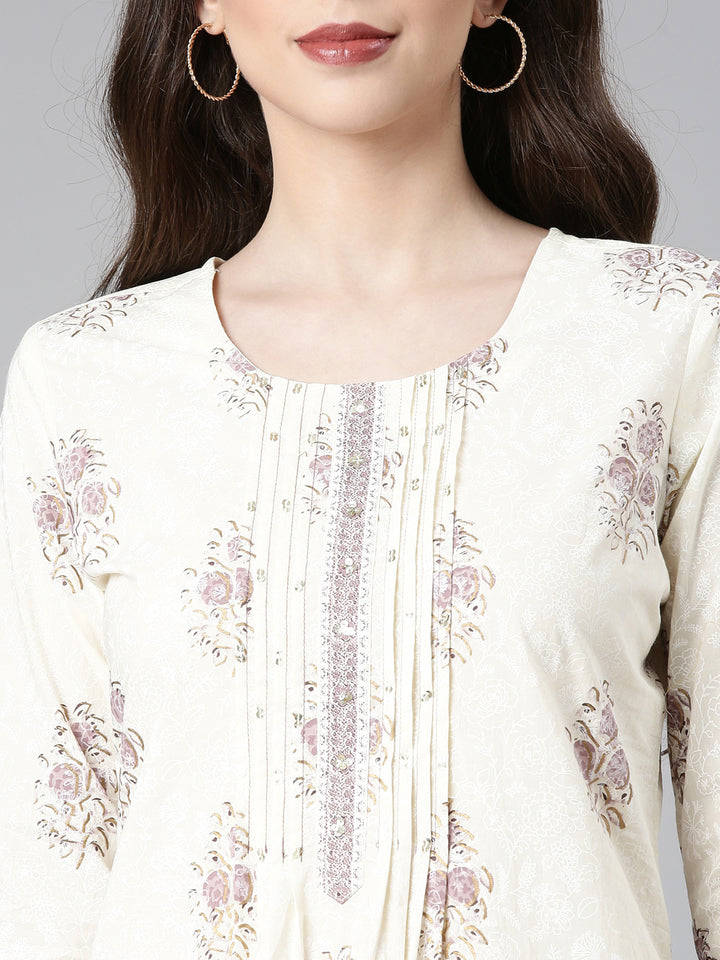 Neerus Cream Printed Straight Kurta and Trousers With Dupatta