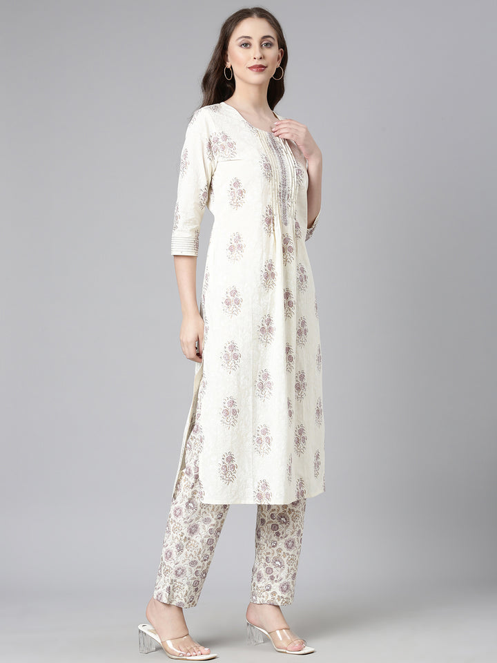 Neerus Cream Printed Straight Kurta and Trousers With Dupatta