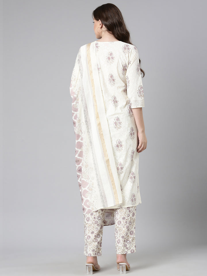Neerus Cream Printed Straight Kurta and Trousers With Dupatta