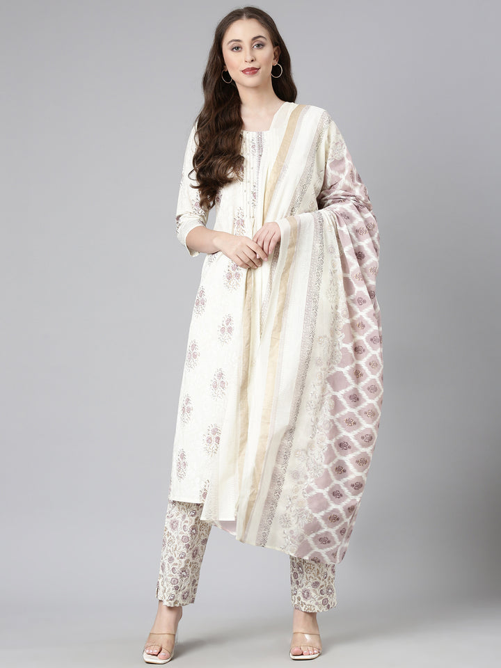 Neerus Cream Printed Straight Kurta and Trousers With Dupatta