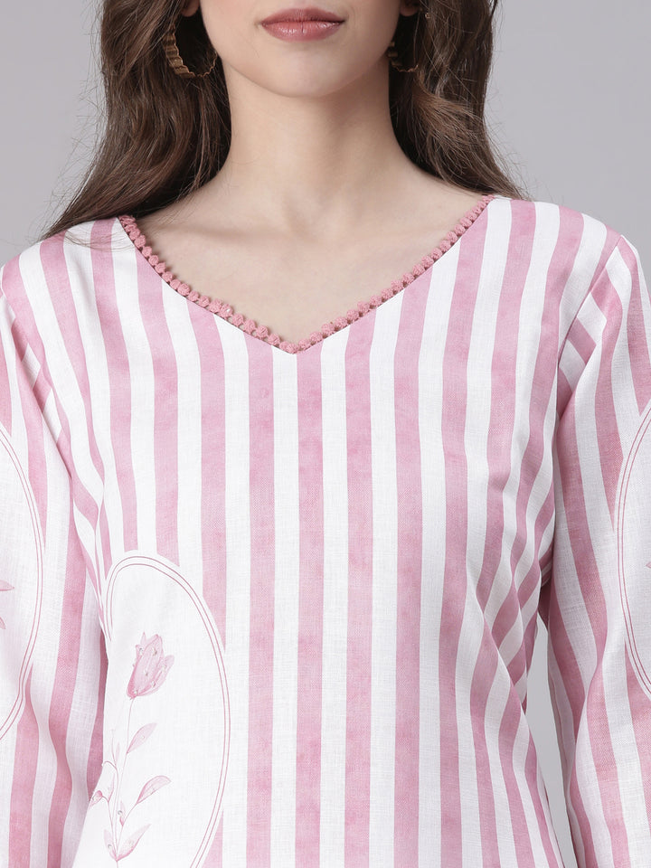 Neerus Pink Striped Straight Kurta and Trousers With Dupatta