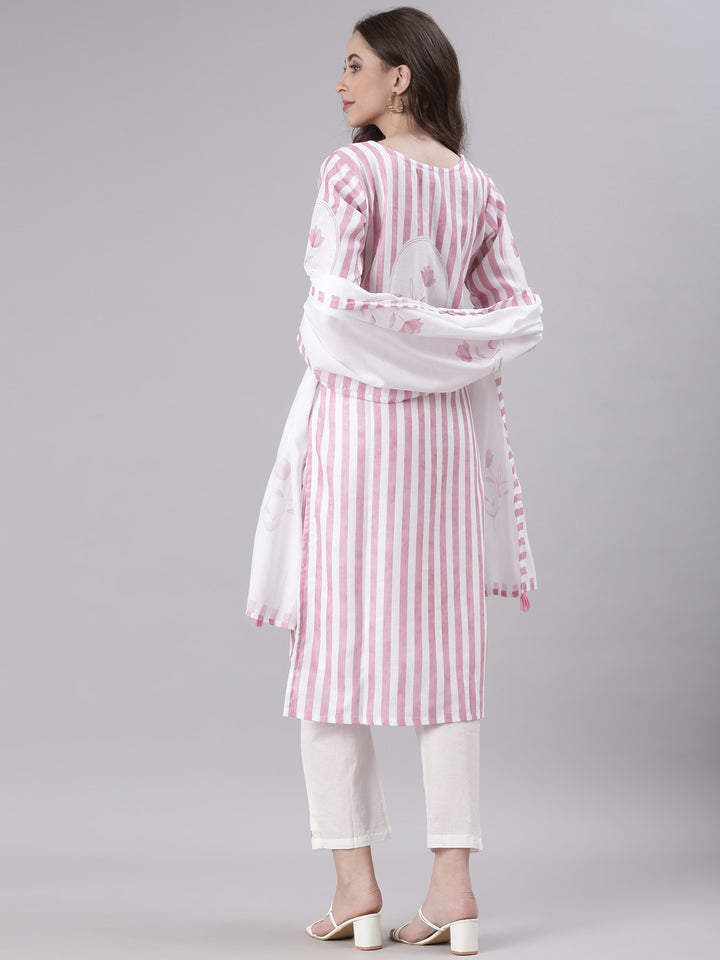 Neerus Pink Striped Straight Kurta and Trousers With Dupatta