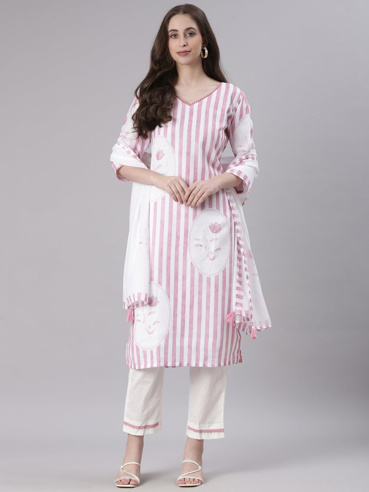Neerus Pink Striped Straight Kurta and Trousers With Dupatta