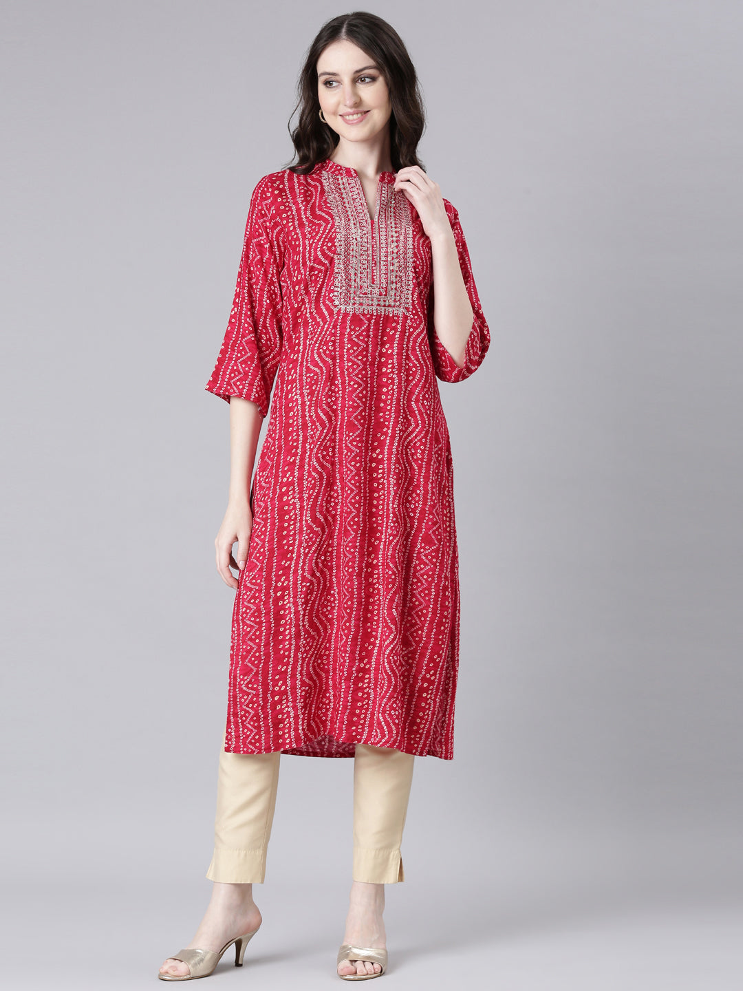 Neerus Pink Casual Bandhani Straight Kurtas