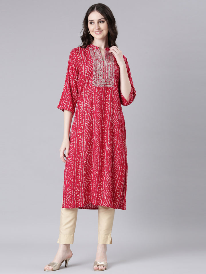 Neerus Pink Casual Bandhani Straight Kurtas