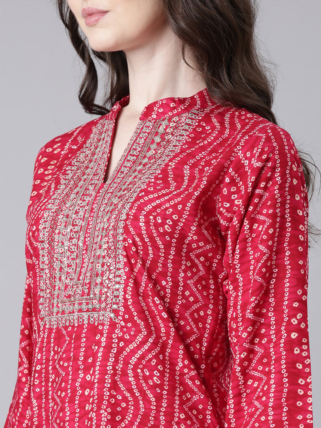 Neerus Pink Casual Bandhani Straight Kurtas