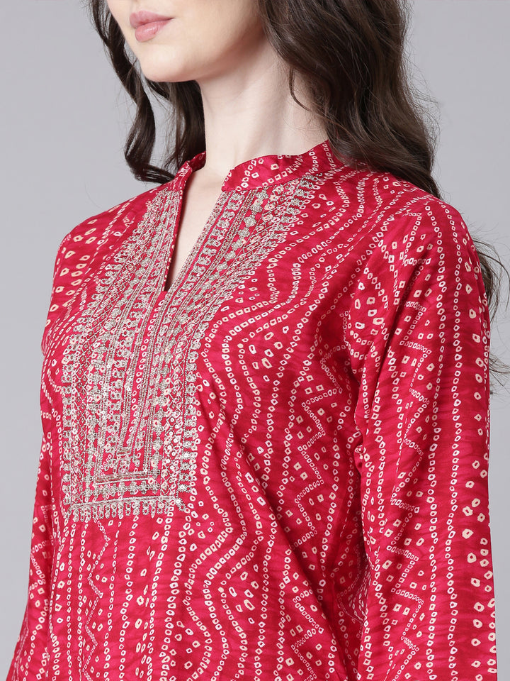 Neerus Pink Casual Bandhani Straight Kurtas
