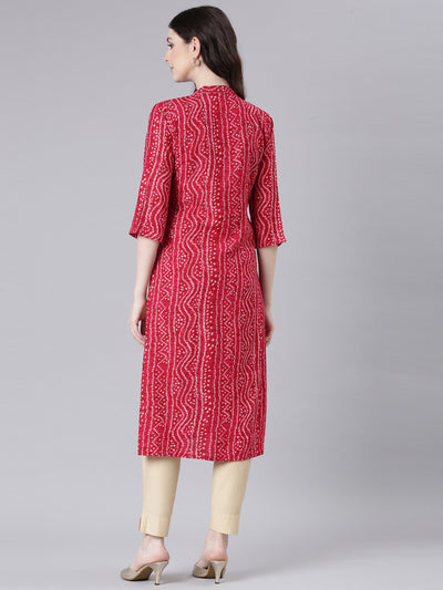 Neerus Pink Casual Bandhani Straight Kurtas