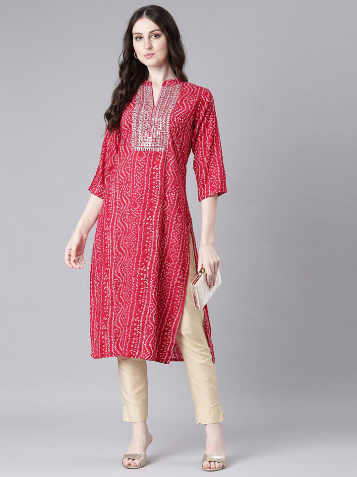 Neerus Pink Casual Bandhani Straight Kurtas