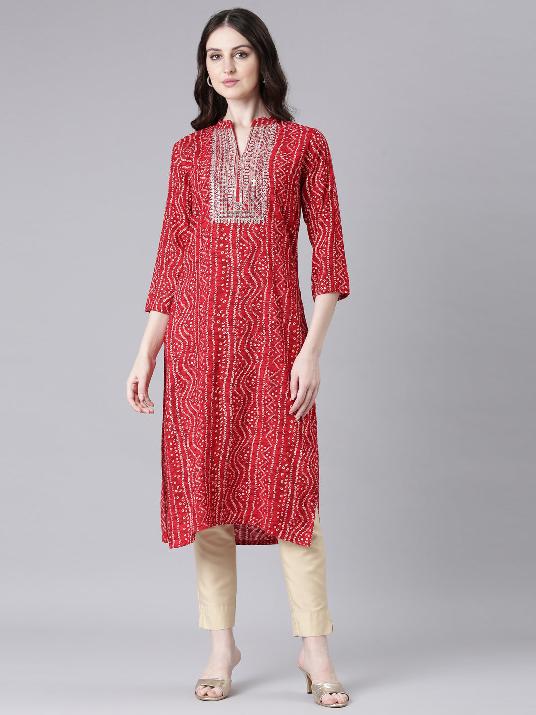 Neerus Red Casual Bandhani Straight Kurtas