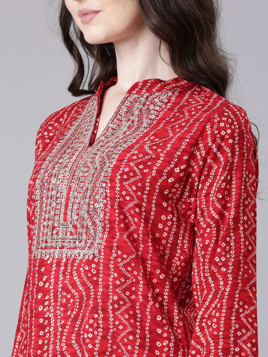 Neerus Red Casual Bandhani Straight Kurtas