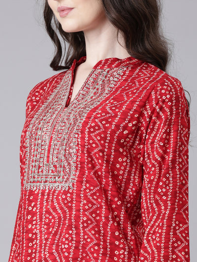 Neerus Red Casual Bandhani Straight Kurtas
