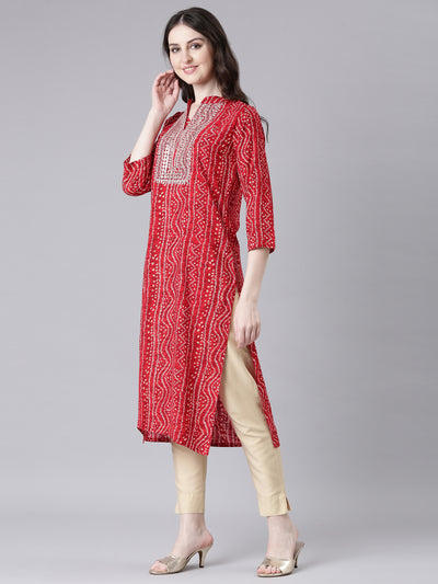 Neerus Red Casual Bandhani Straight Kurtas