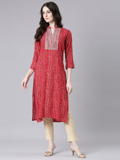 Neerus Red Casual Bandhani Straight Kurtas