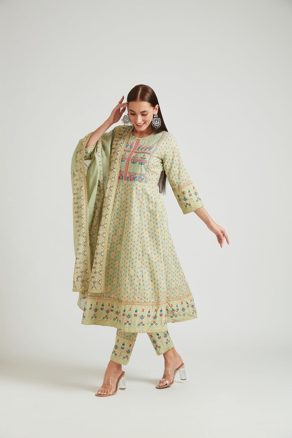 Neerus Women Olive Green Yoke Design Panelled Kurta with Trousers  With Dupatta