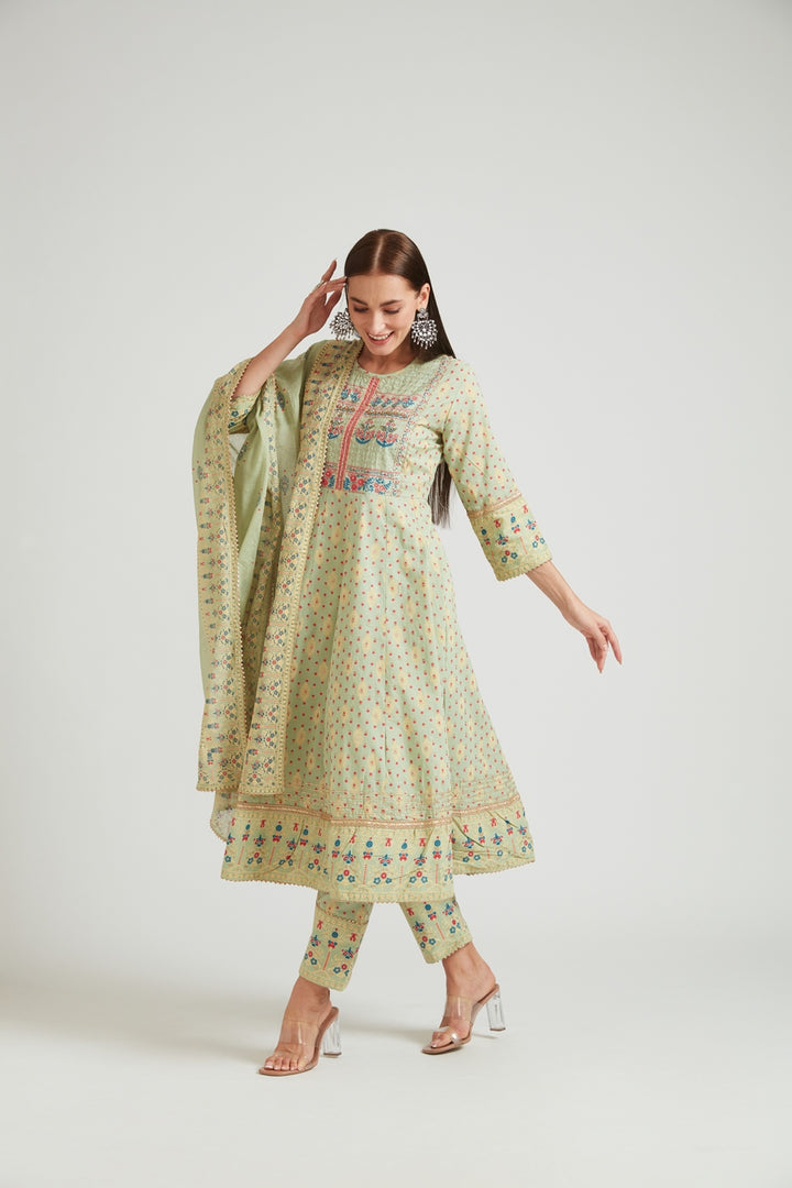 Neerus Women Olive Green Yoke Design Panelled Kurta with Trousers  With Dupatta