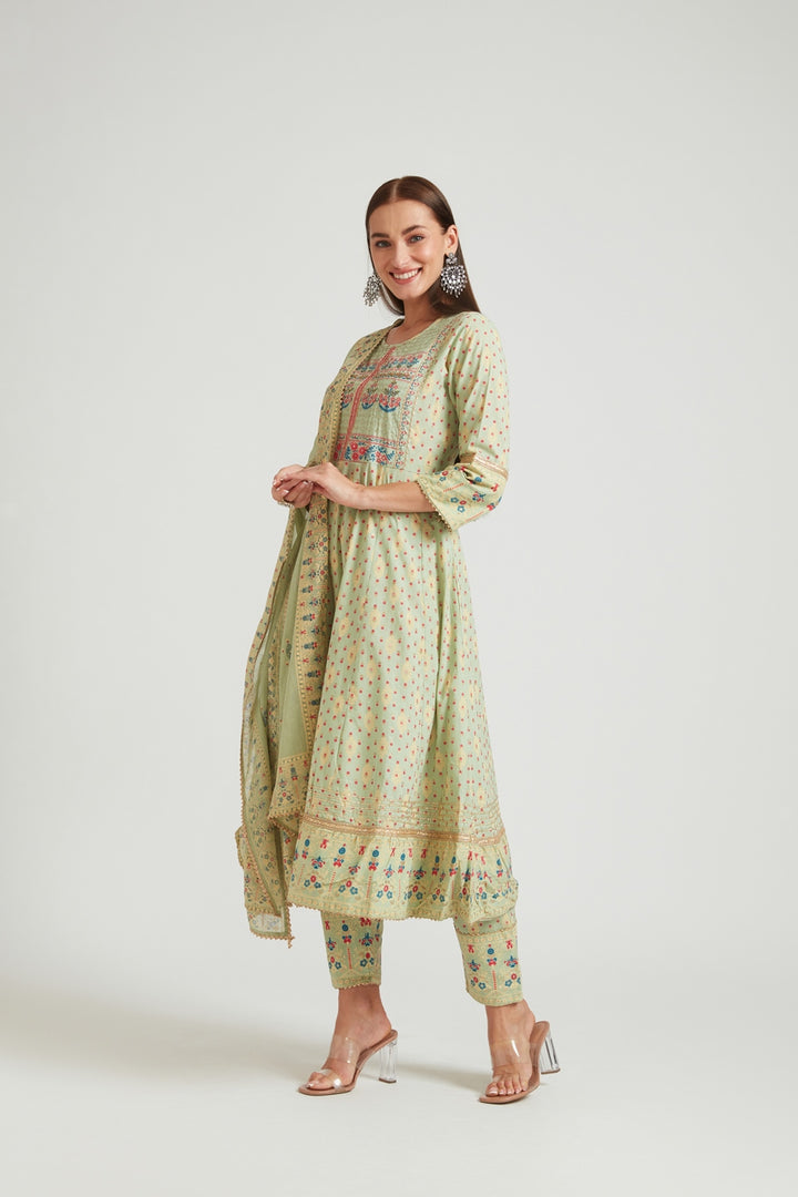 Neerus Women Olive Green Yoke Design Panelled Kurta with Trousers  With Dupatta