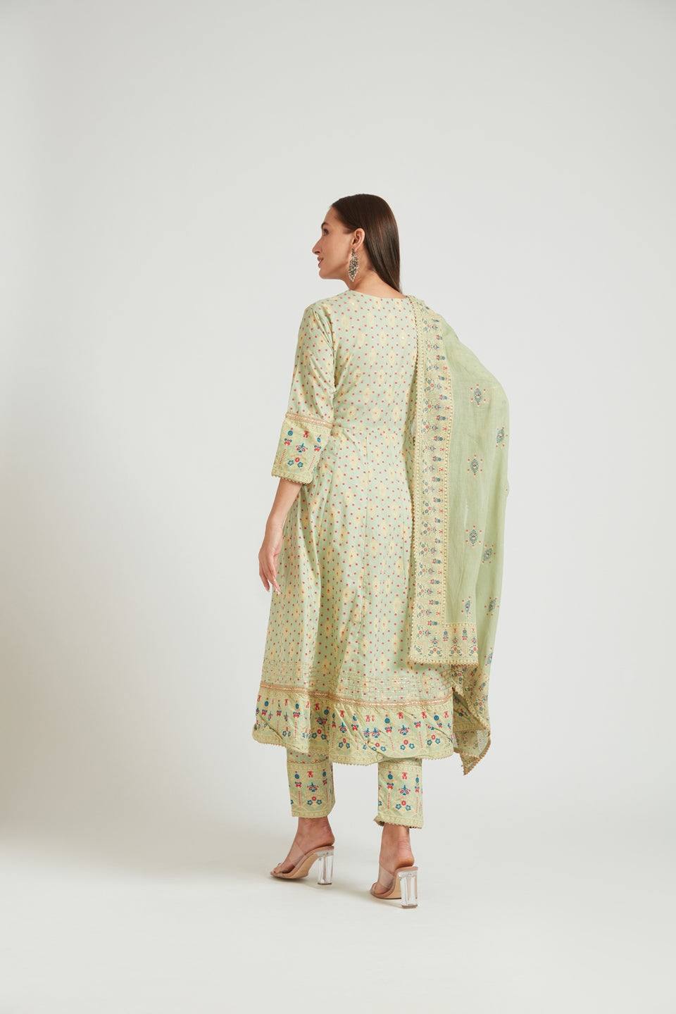 Neerus Women Olive Green Yoke Design Panelled Kurta with Trousers  With Dupatta