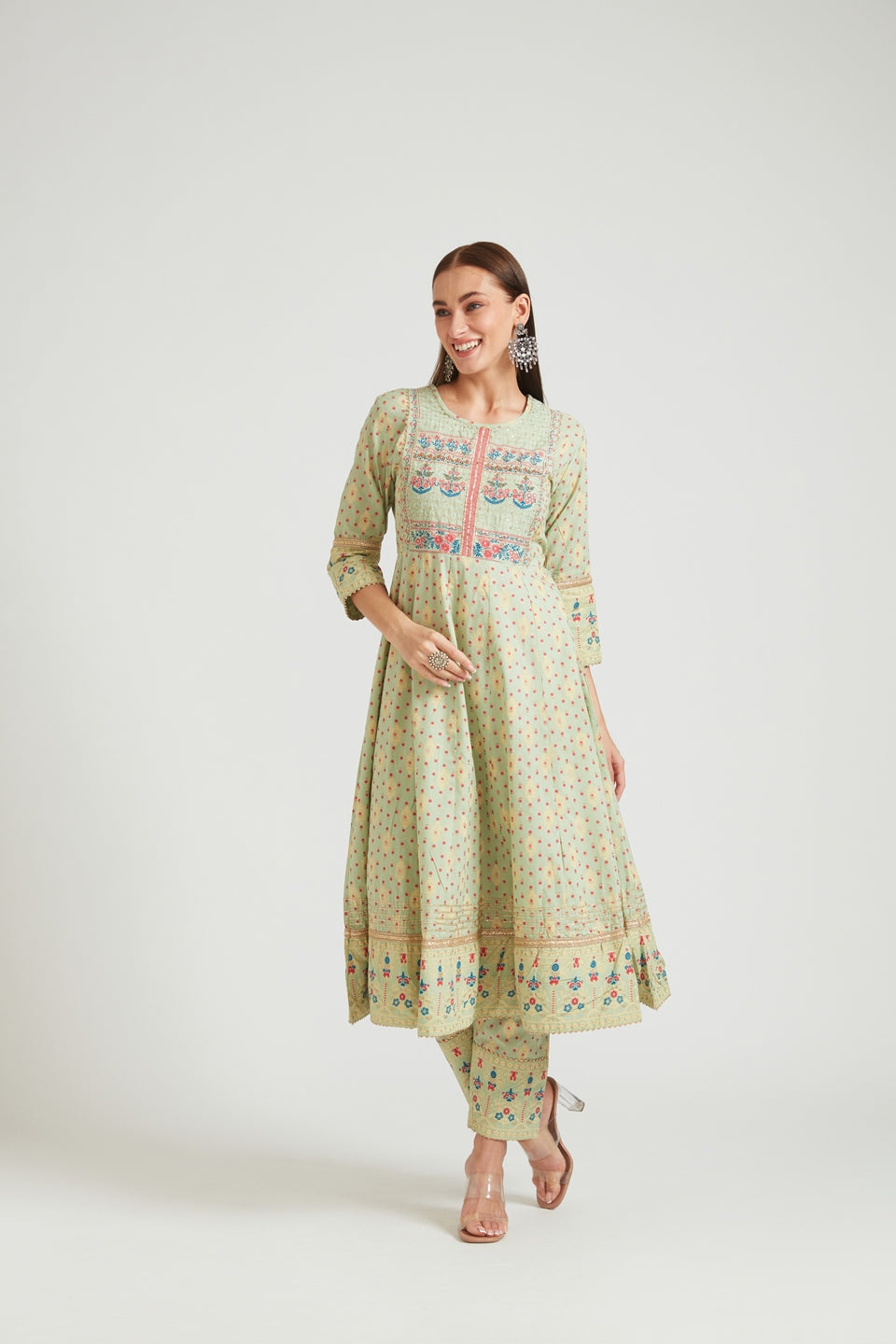 Neerus Women Olive Green Yoke Design Panelled Kurta with Trousers  With Dupatta