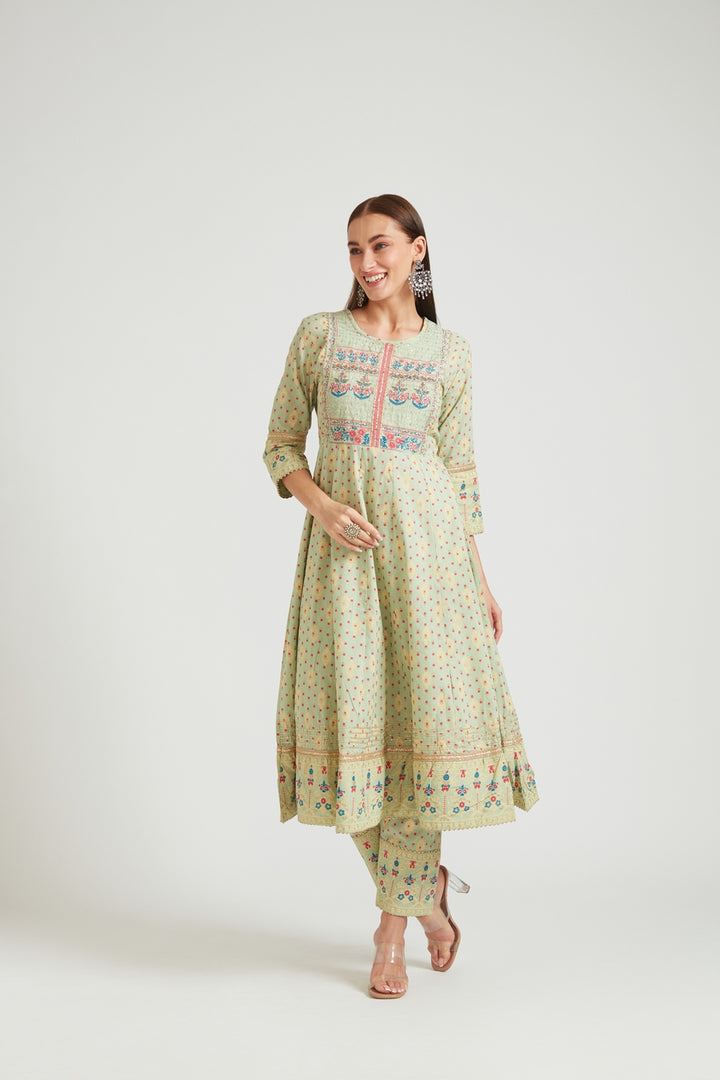 Neerus Women Olive Green Yoke Design Panelled Kurta with Trousers  With Dupatta