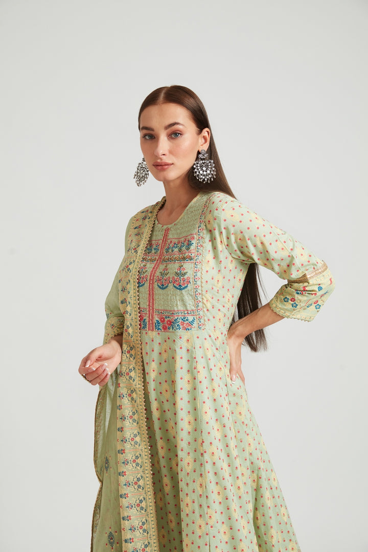 Neerus Women Olive Green Yoke Design Panelled Kurta with Trousers  With Dupatta