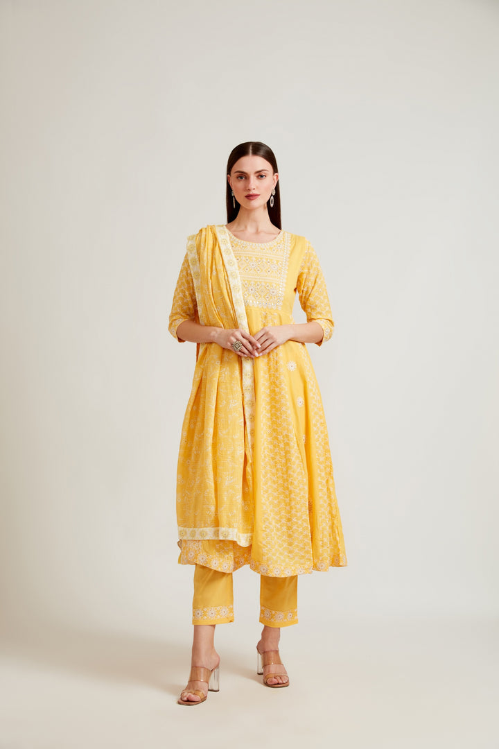 Neerus Yellow rayon hand embroidered suit set - front view