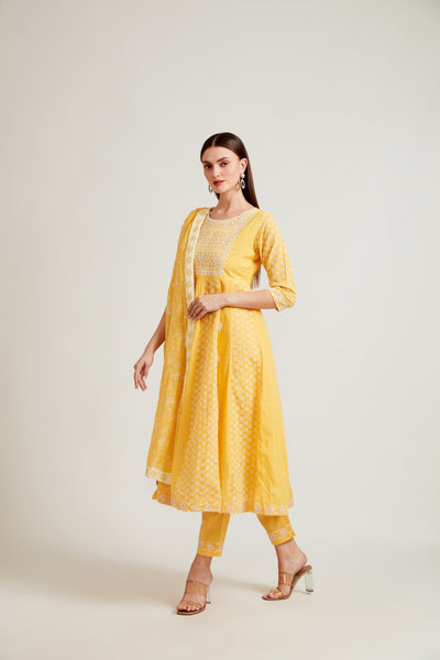 Neerus Women Yellow Printed Aari Work Kurta with Palazzos  With Dupatta