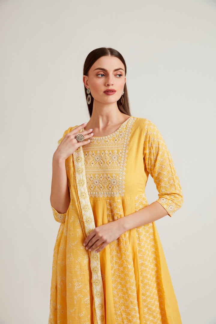 Neerus Yellow rayon hand embroidered suit set - side view