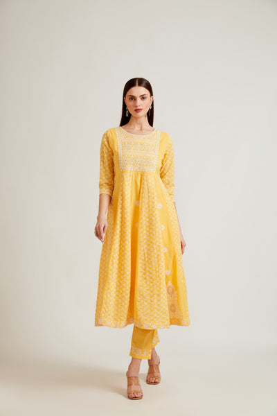 Neerus Women Yellow Printed Aari Work Kurta with Palazzos  With Dupatta