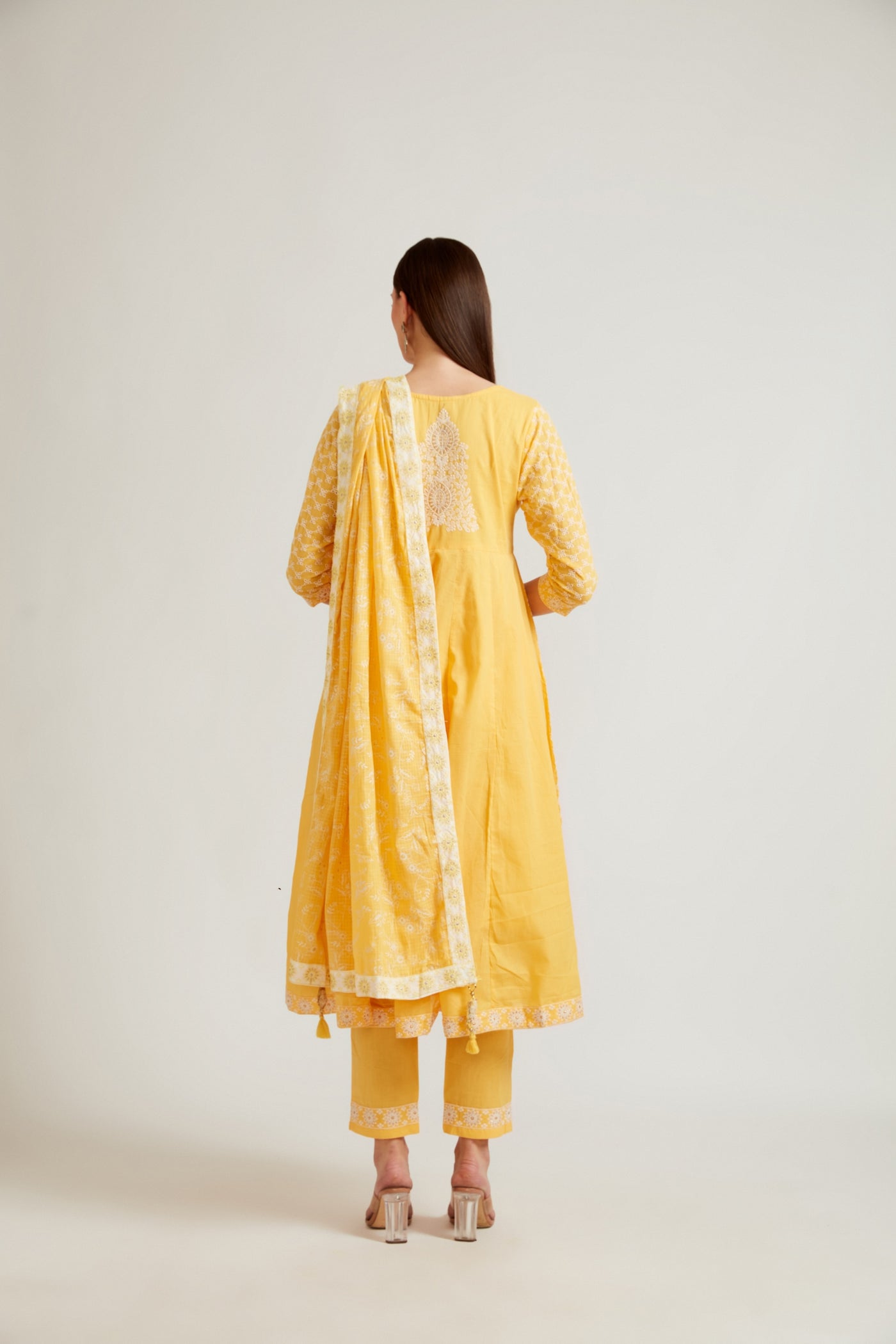 Neerus Women Yellow Printed Aari Work Kurta with Palazzos  With Dupatta