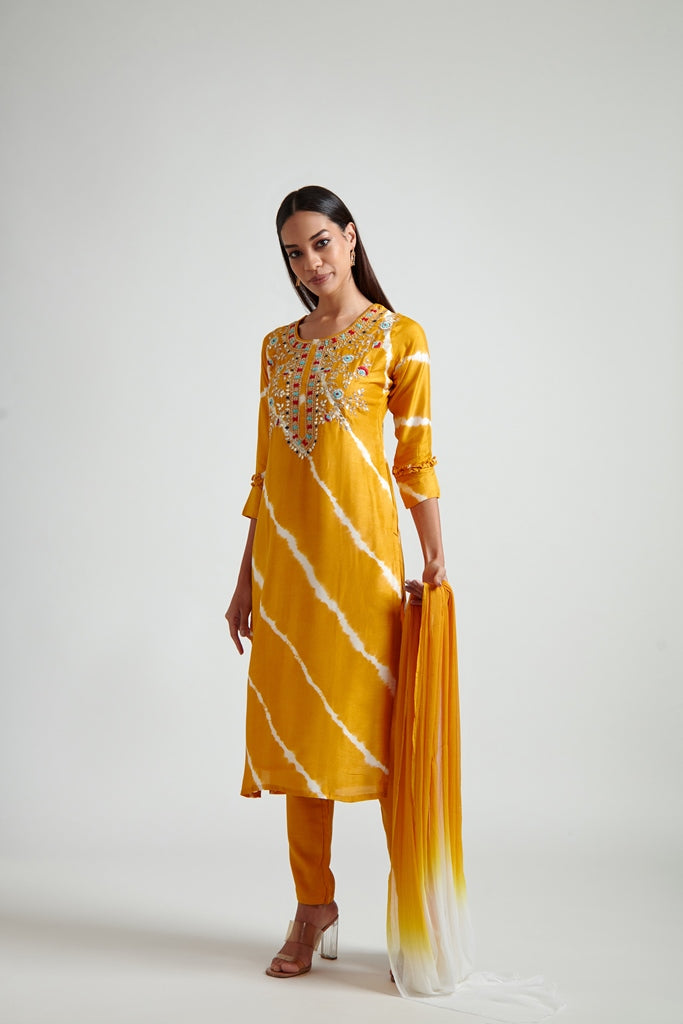 Neerus Yellow embroidered straight suit set - front view