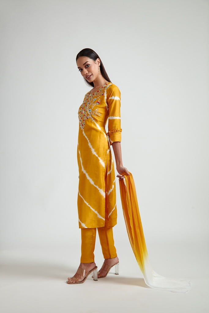 Neerus Yellow embroidered straight suit set - back view