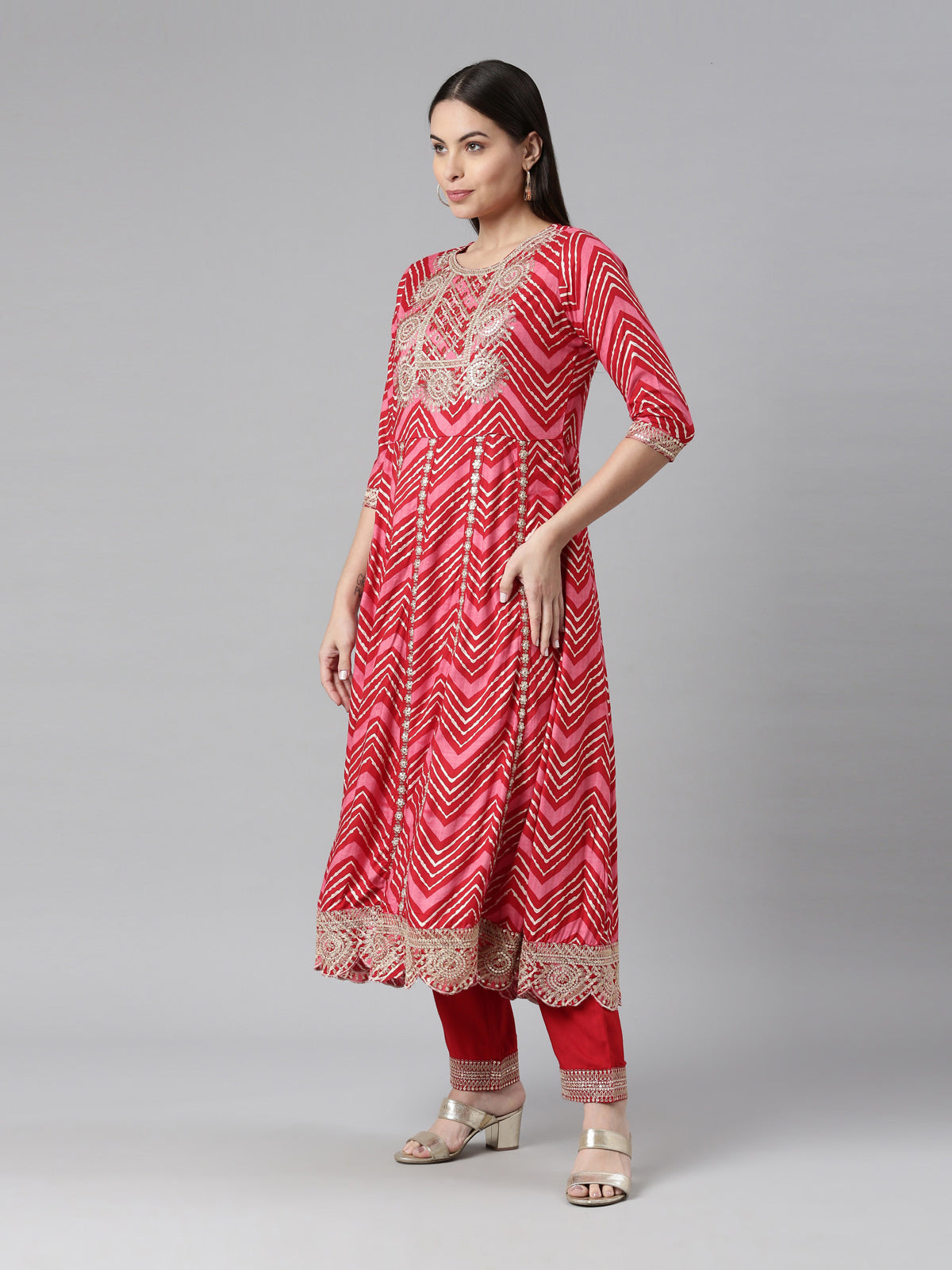 Neerus Women Red Printed Panelled Sequinned Kurta with Trousers  With Dupatta