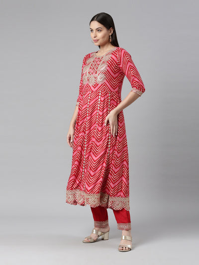 Neerus Women Red Printed Panelled Sequinned Kurta with Trousers  With Dupatta