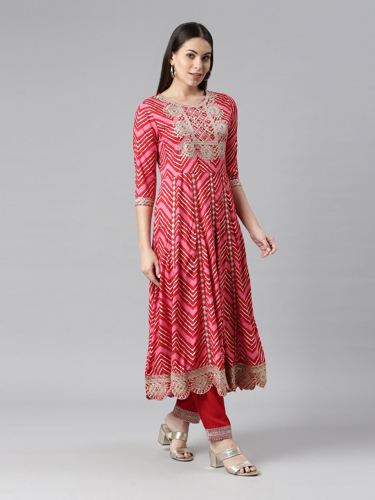 Neerus Women Red Printed Panelled Sequinned Kurta with Trousers  With Dupatta
