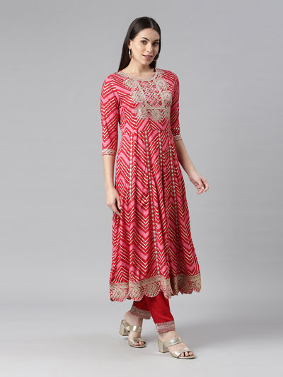 Neerus Women Red Printed Panelled Sequinned Kurta with Trousers  With Dupatta